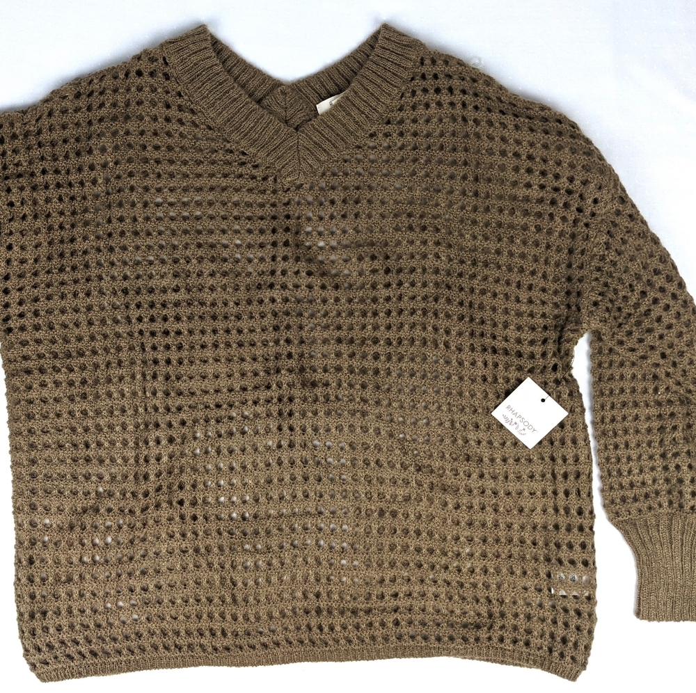 Rhapsody Brown V Neck Crochet Sweater Women’s Size M NWT